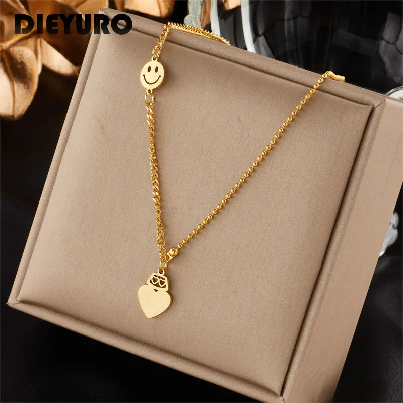 

DIEYURO 316L Stainless Steel Gold Color Heart Smiley Pendant Necklace For Women Fashion Simple Girls Lucky Chain Party Jewelry