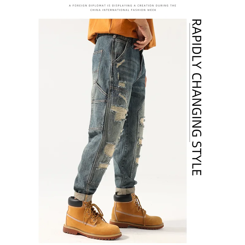 Streetwear Men 2022 New Pattern American Hole Blue Jeans Vintage Loose Recreational Straight Cylinder Trousers Autumn Female