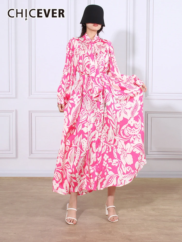 

CHICEVER элегантное платье миди с принтом для женщин, воротник-стойка, рукав-фонарик, высокая талия, пэчворк, на шнуровке, хит разноцветное платье для женщин