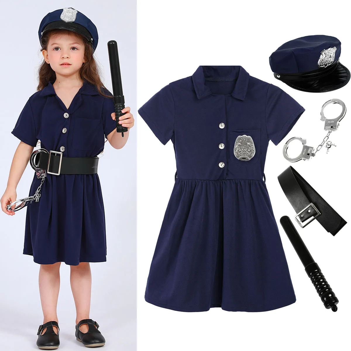 

Kids Girls Police Costume Children Cop Fancy Dress Up Set Policewoman Uniform Dress Halloween Police Officer Cosplay Clothes