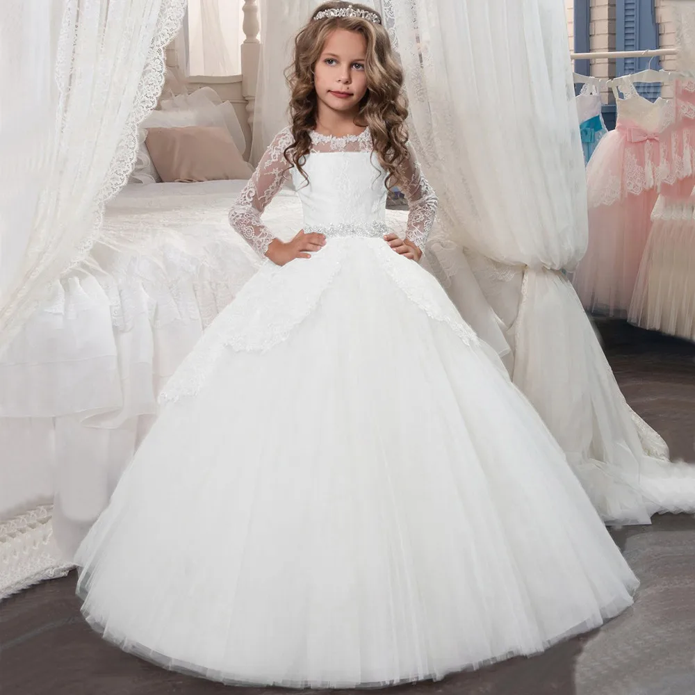 

Princess Floor Length Flower Girl Dresses Christmas Chiffon Long Sleeve Jewel Neck with Lace / Covered Button / No / Crystals /