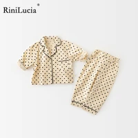 rinilucia 2pcs autumn new kids pajamas korean long sleeve print bear plaid cardigan and pants cotton sleepwear