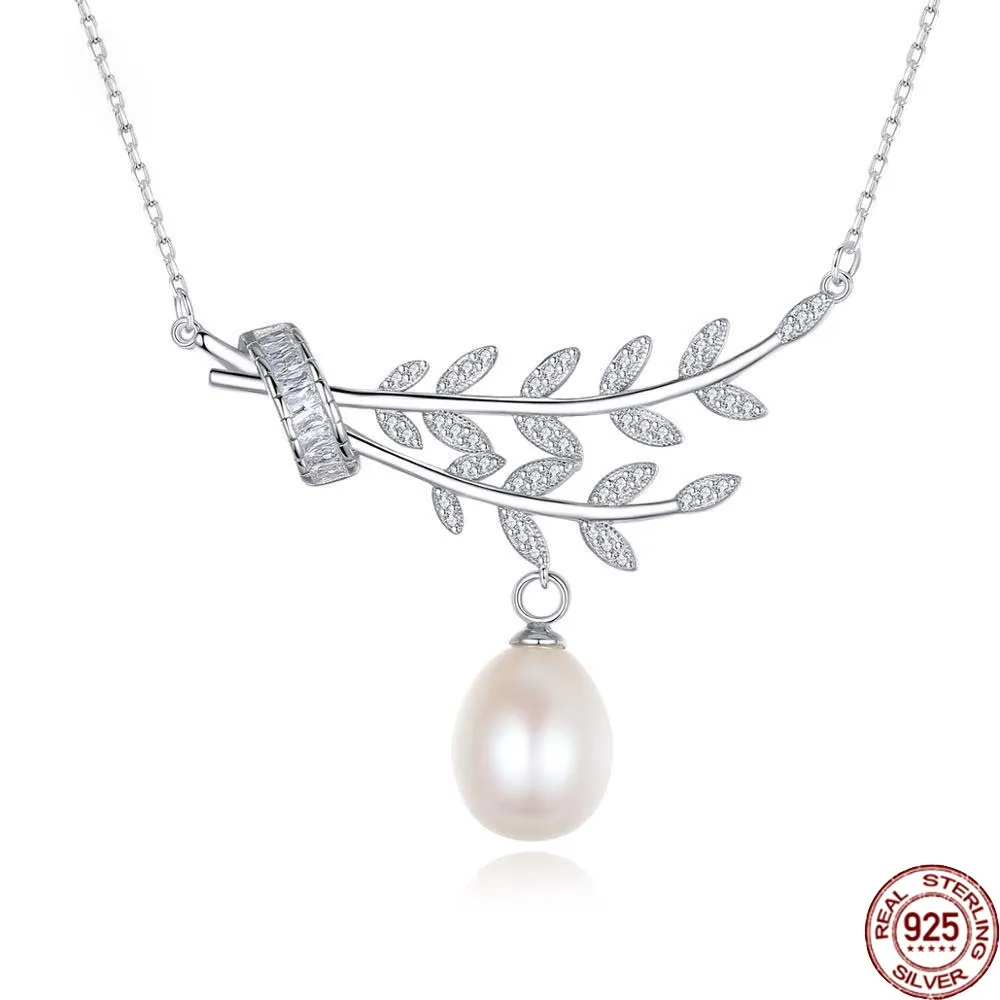 

BABIQU Natural Pearl Pendant Necklace Branches and Leaves 925 Sterling Silver Fine Jewelry for Women Wedding Dating Gift Fn-0273