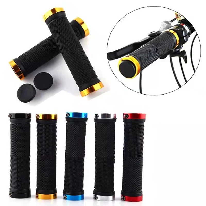 PE Rubber MTB Grips Alloy Cuffs Bilateral Lock Bicycle Handle Grip Anti-skid Cycling Handlebar Sleeve BMX Bike Accessories