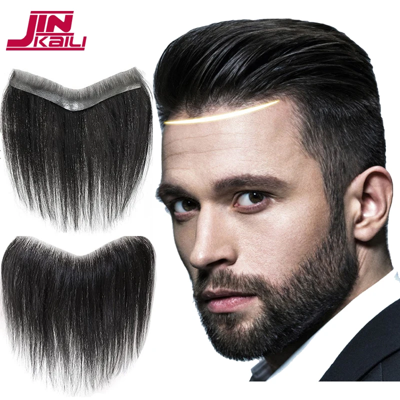 JINKAILI Synthetic Forehead Hairline Toupees Men's Straight V Style Hair Piece Hair Extension Natural Black Hair Bangs Hairpiece