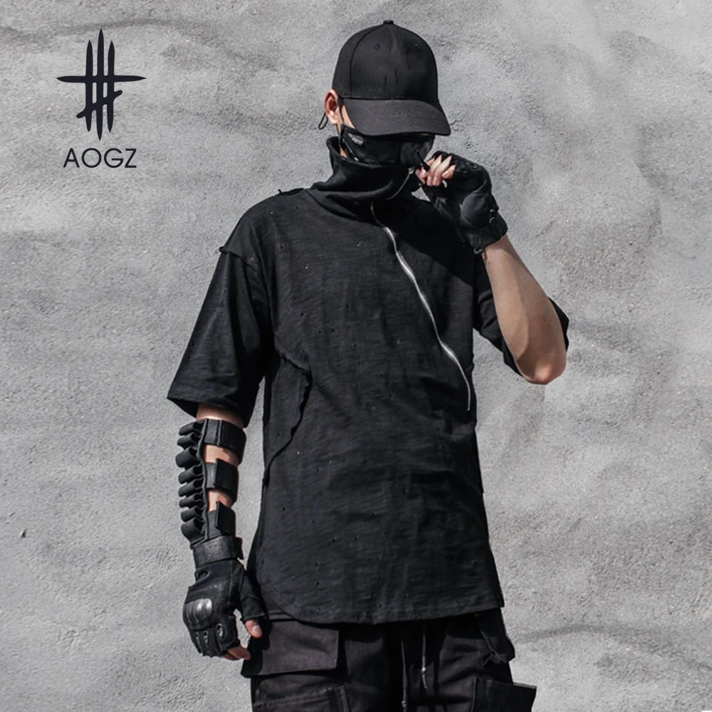 

AOGZ Dark Black Distressed Ripped Zipper Stand Collar Tshirt Top Men Half Sleeve Tee Shirts Hip Hop Casual Summer T Shirts Thin
