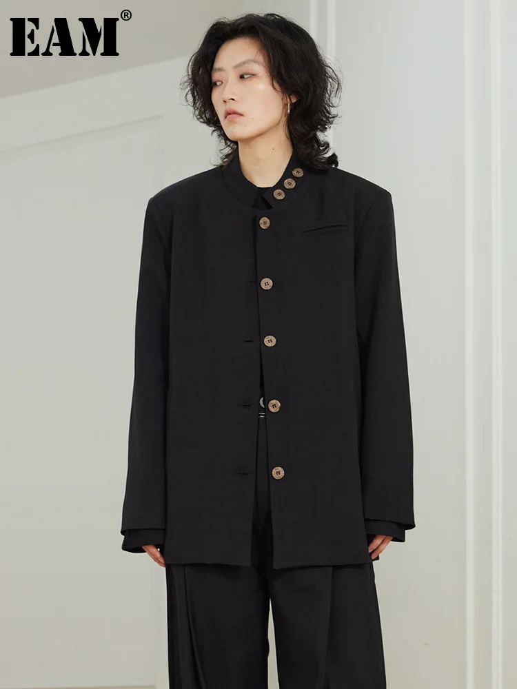 [EAM]  Women Black Big Size Shoulder Padded Button Blazer New Stand Collar Long Sleeve Jacket Fashion Spring Autumn 2023 1DF3658