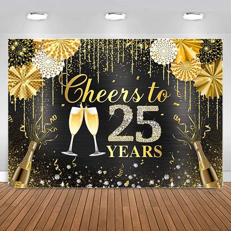 

25th Happy Birthday Party Backdrop Cheers to 25 Years Banner Gold Glitter Wedding Anniversary Photography Background Decoration