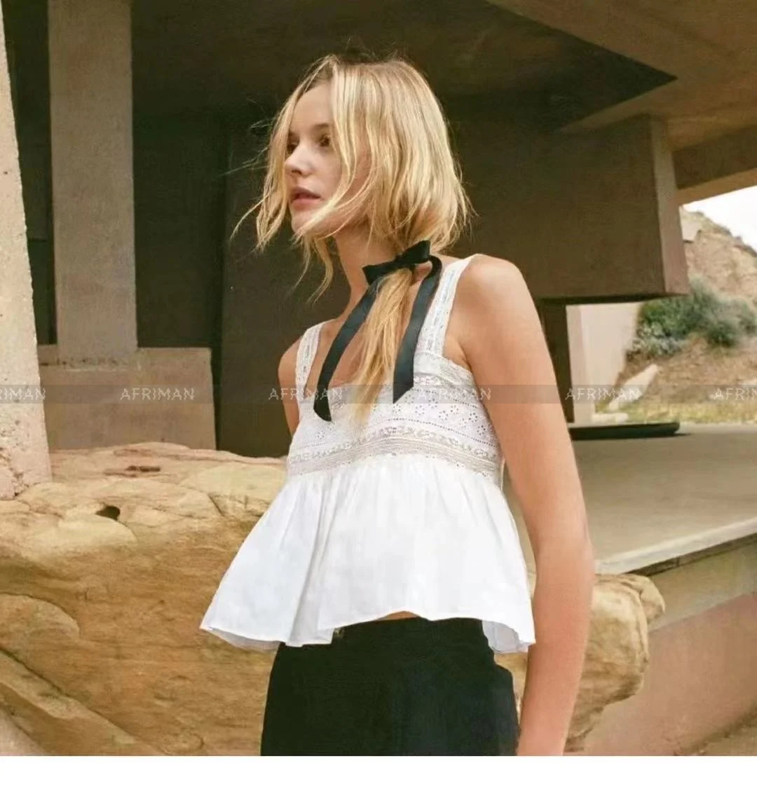 

Women Sweet Lace Embroidery Hollow Out Wide Suspender Ruffle White Cotton Camisole Top