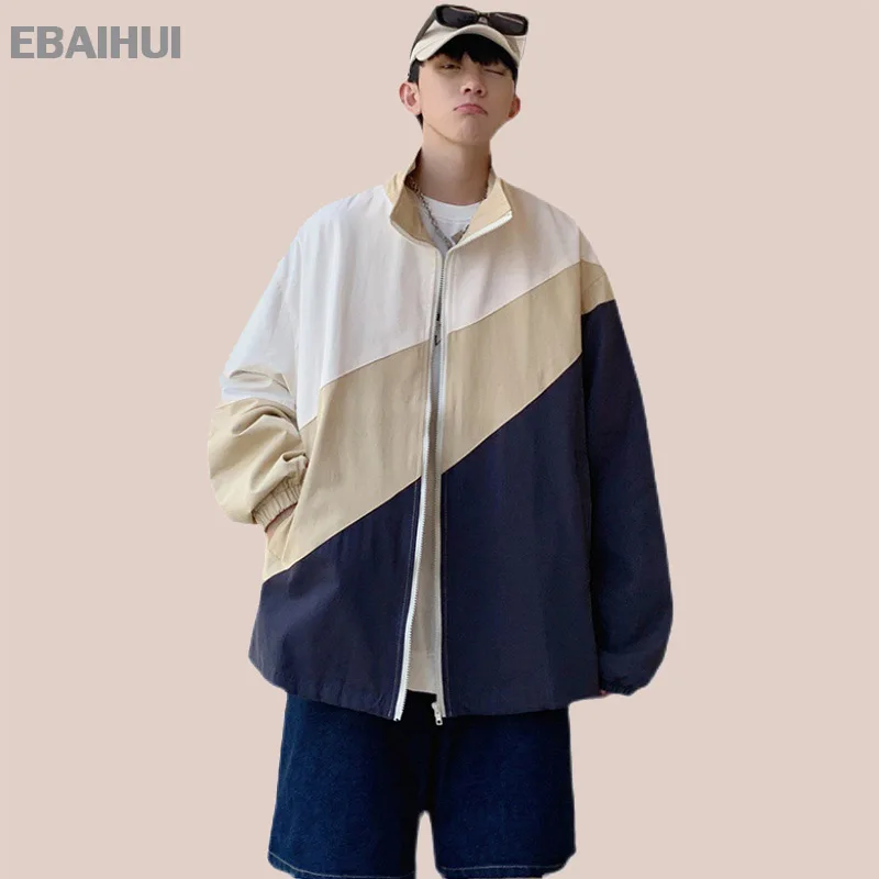 

EBAIHUI Contrast Color Jackets Men's Spring Autumn Patchwork Turn-Down Collar Casual Jacket New Japanese Large Size Couple Coats