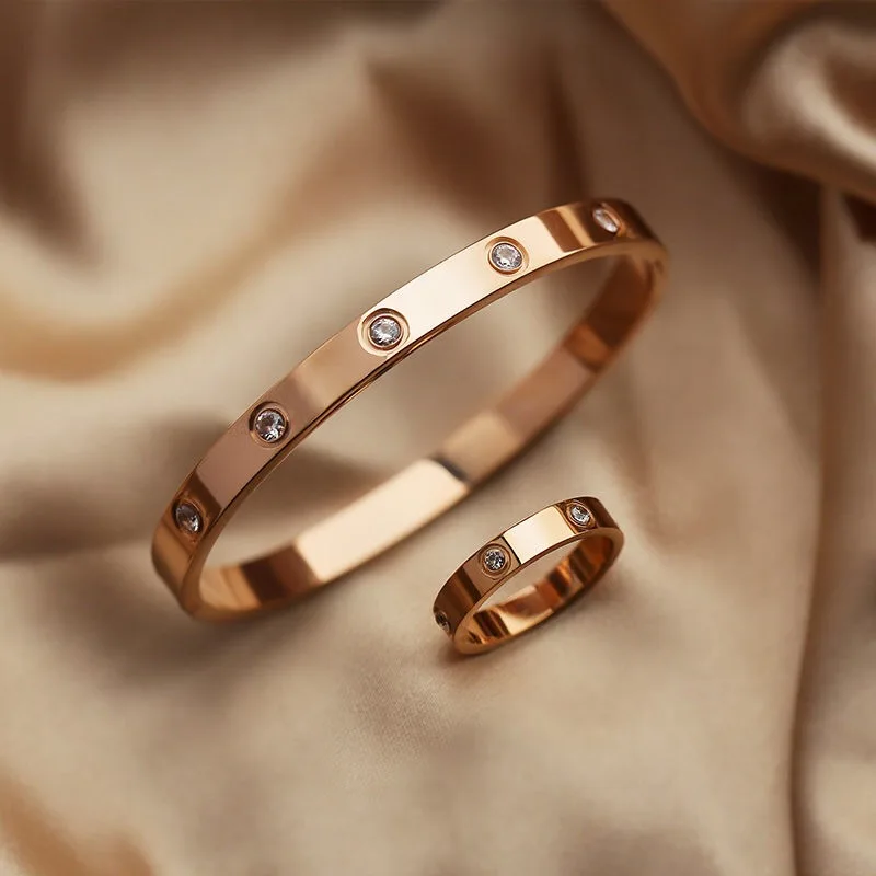 

Luxury Bijoux Pulseira Feminina Bangle Ring Set Stainless Steel Jewelry fit Lover female Crystal Bracelets Rings Fashion Women