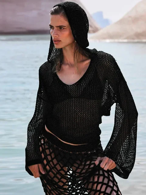 

Женская футболка с длинным рукавом, вязаный крючком прозрачный пуловер с капюшоном, Пляжная накидка, лето 2023