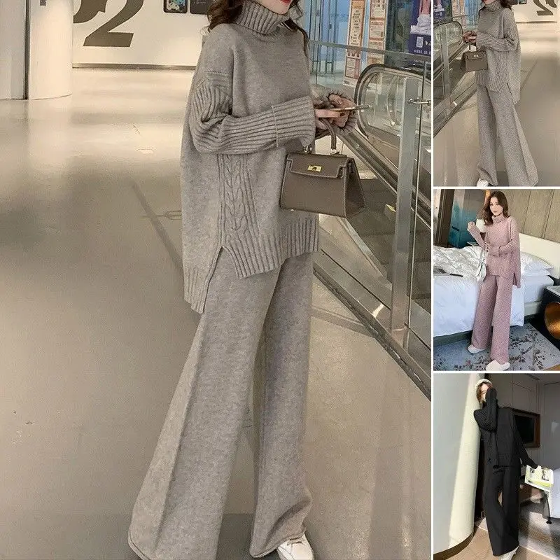 

Sweater Set Warm Suit for Women Winter Knitted Suits 2 Piece Set Soild Turtleneck Sweater and Loose Trousers Lady Suit V710
