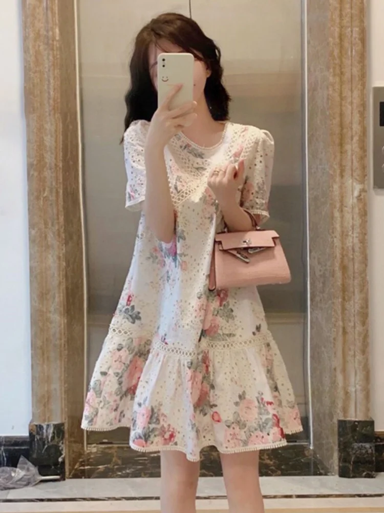 

Print Dress For Women O Neck Short Sleeve High Waist Elegant Embroidery Dresses For Women 2022 Summer Fashion Clothing M060