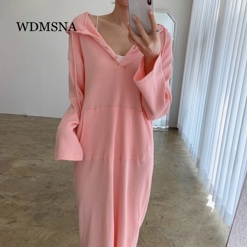 

Модный милый однотонный халат WDMSNA с капюшоном, свободный, с большим карманом, дизайнерская одежда, Корейская шикарная Осенняя искусственна...