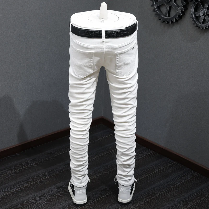 High Street Fashion Men Jeans White Elastic Stretch Skinny Fit Ripped Jeans Men Hole Patched Designer Hip Hop Brand Pants Hombre