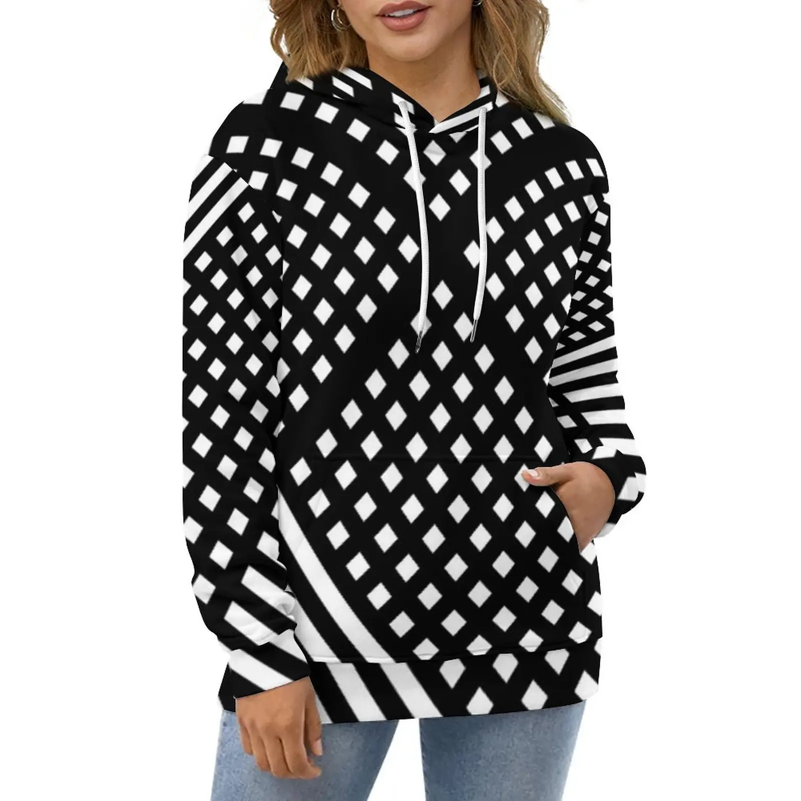 

Black White Striped Casual Hoodies Abstract Geometric Funny Hoodie Long Sleeve Oversize Harajuku Design Loose Hooded Sweatshirts