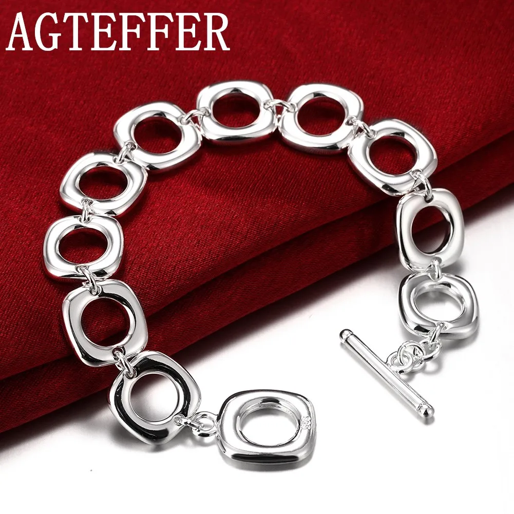 

Браслет-цепочка AGTEFFER из серебра 925 пробы, с квадратными и круглыми кольцами, для женщин и мужчин, очаровательные модные ювелирные украшения ...