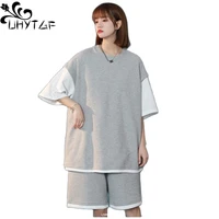 uhytgf set of two fashion pieces for women cotton pullover top shorts summer sportswear female loose loose size tracksuit 31