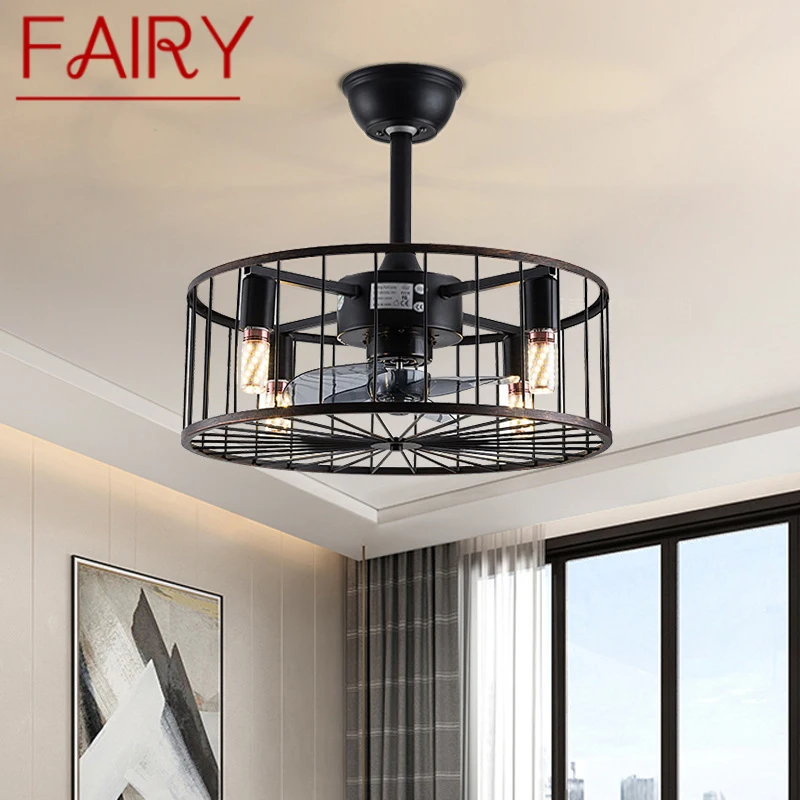 

FAIRY American Ceiling Fans Lights Black LED Lamp With Remote Control for Home Bedroom Dining Room Loft Retro