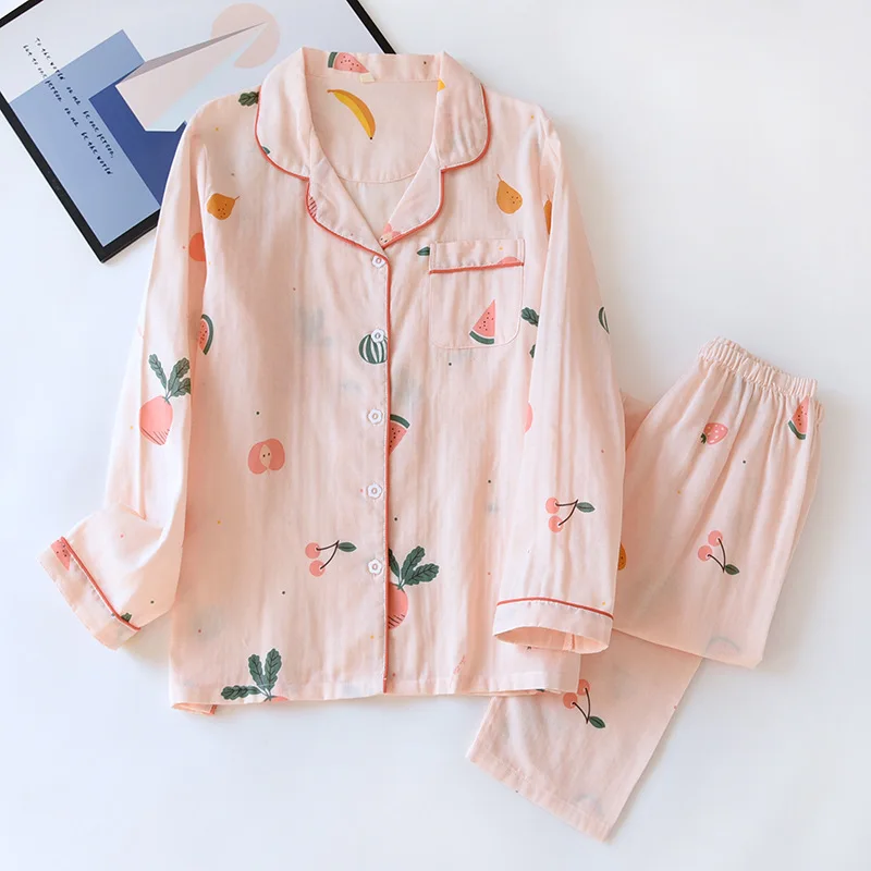 

Spring and Summer New Cotton Women's Pajamas Set Leisure Long-sleeved Thin Fruit Printed Trouser Homewear Suit Pj Sets for Women