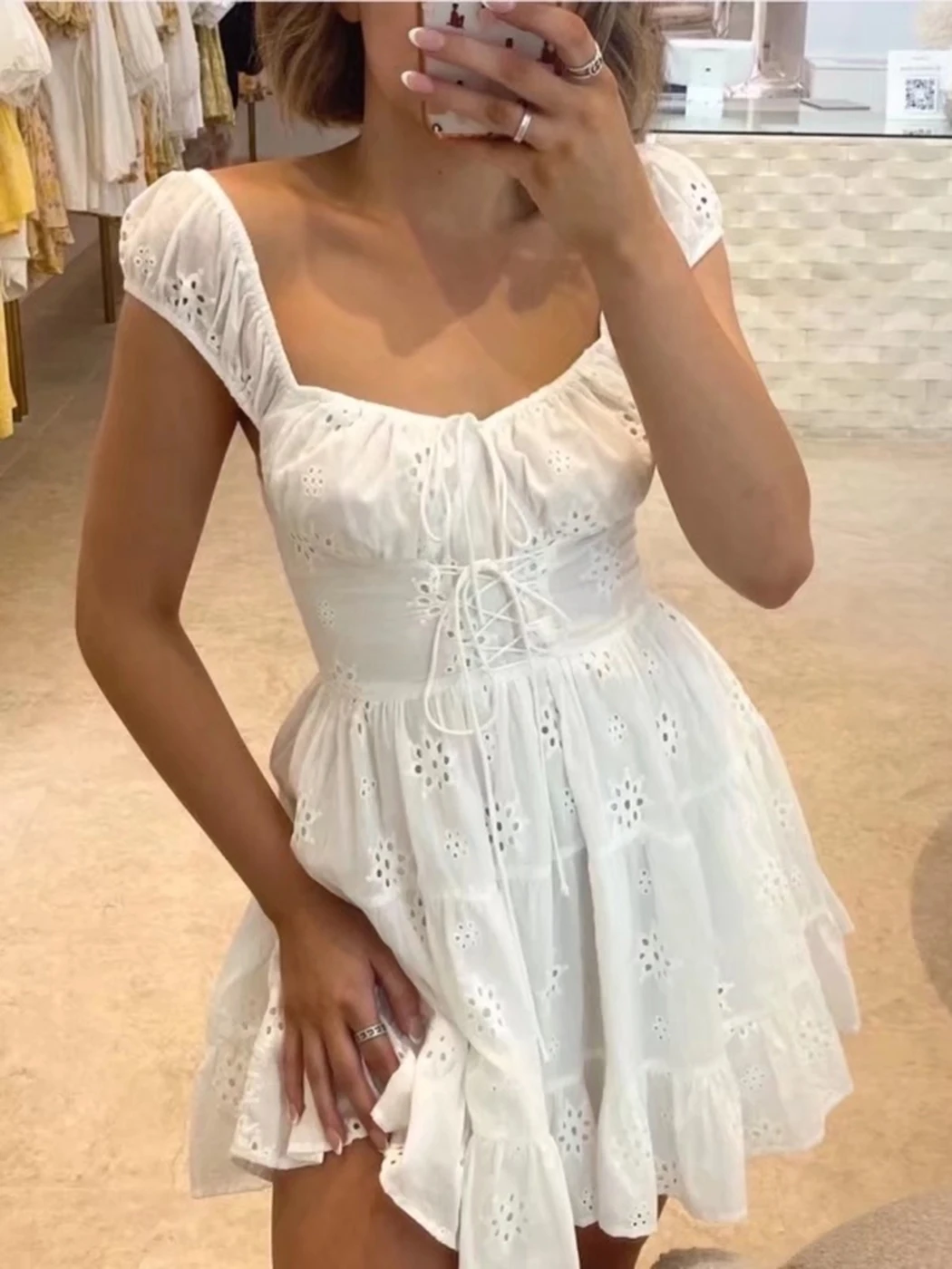 

2022 Summer Elegant Party Mini Dress Women Hollow Square Collar Floral Embroidered Vestidos Fashion Bandage Cotton White Dresses