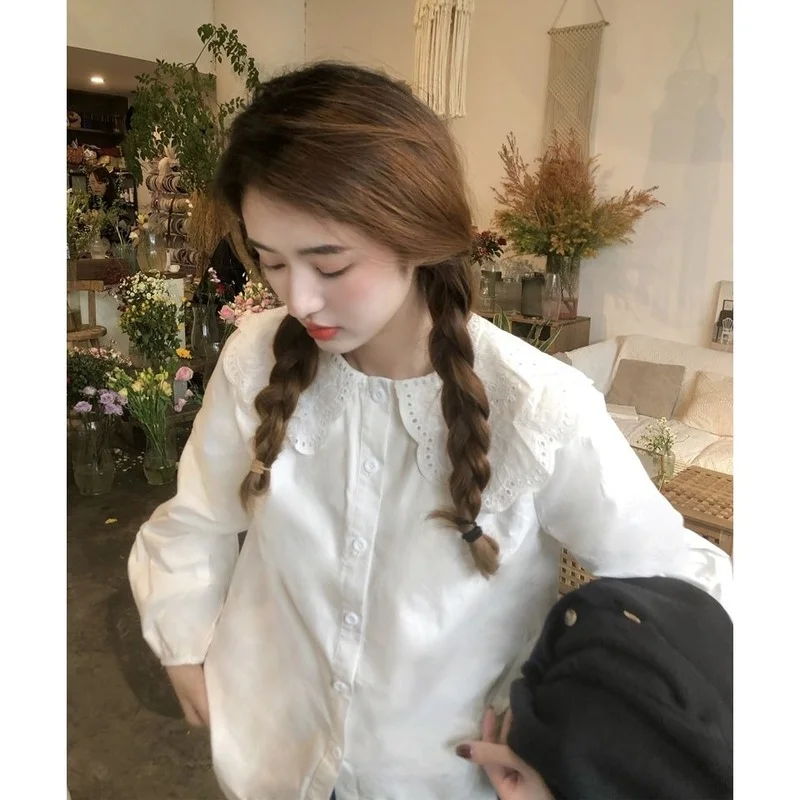 

QWEEK Kawaii Blouses Women Korean Style Harajuku Long Sleeve White Shirts Button Up Pretty Cute Tops Preppy Alt Clothes Spring