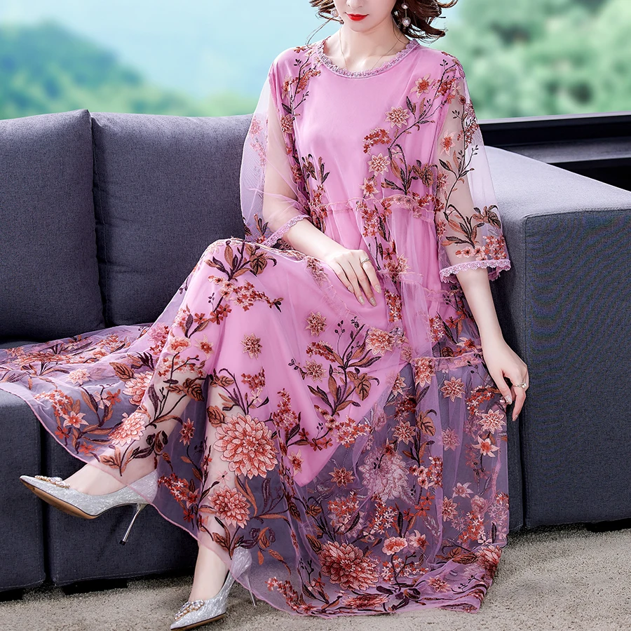 

Embroidered Silk Floral Dress Women 2022 Summer New Pink Yellow Mesh Loose Large Size 5XL Over Knee Dress Casual Elegant Party