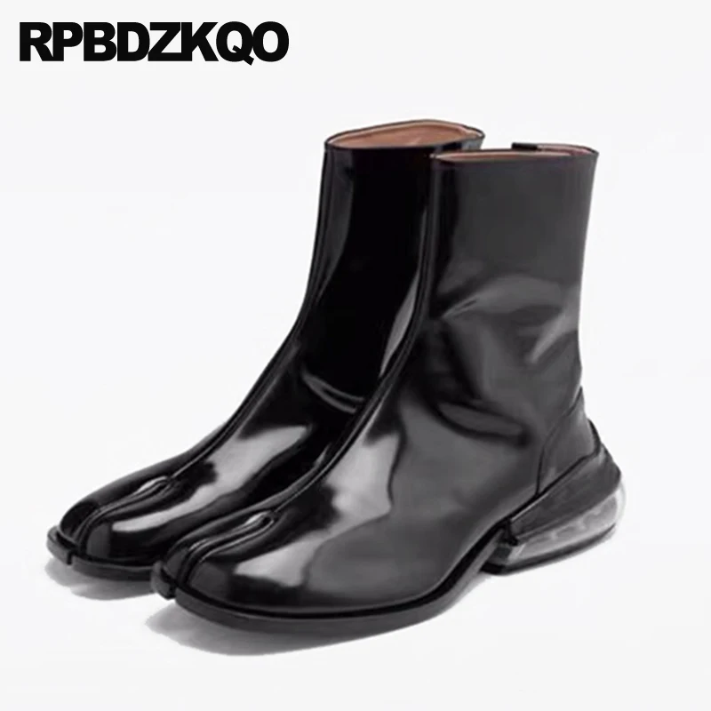 

Girls Patent Leather 2022 Cloven Hoof Celebrity Split Toe Autumn Short Boots Women Chunky Strange Ankle Genuine Shoes Designer