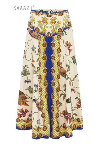 Модная трапециевидная длинная юбка KAAAZI, винтажная юбка с принтом и большим подолом, топ с коротким рукавом, повседневный элегантный пуловер с пышными рукавами