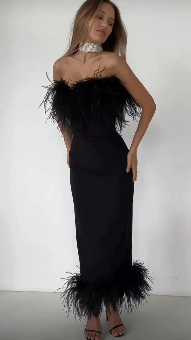 Laura Kors Winter Women Sexy Strapless Slash Neck Feather Black Mini Bodycon Bandage Dress Elegant Evening Club Party Dress