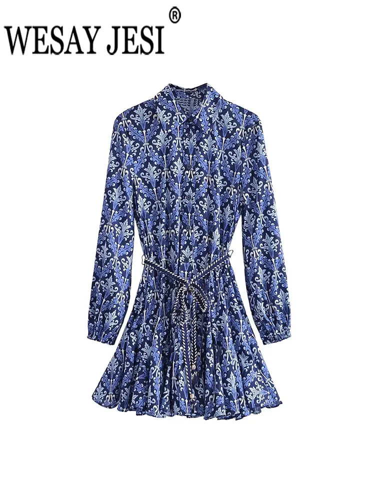 

WESAY JESI 2022 Fashion Women Long Sleeve Dress Corset Tie Print Floral Short Dress Classic Summer Slim Girls Commuter Clothing
