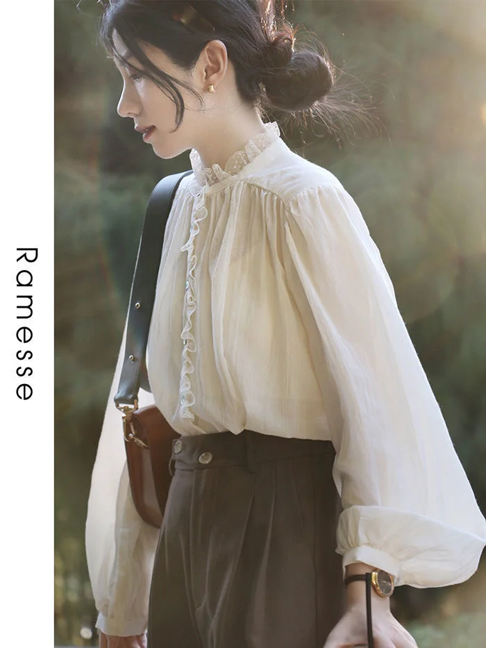 

Винтажная рубашка с кружевным воротником и длинным рукавом-фонариком, Осенние Топы, блузы, одежда для женщин, рубашки, блузка