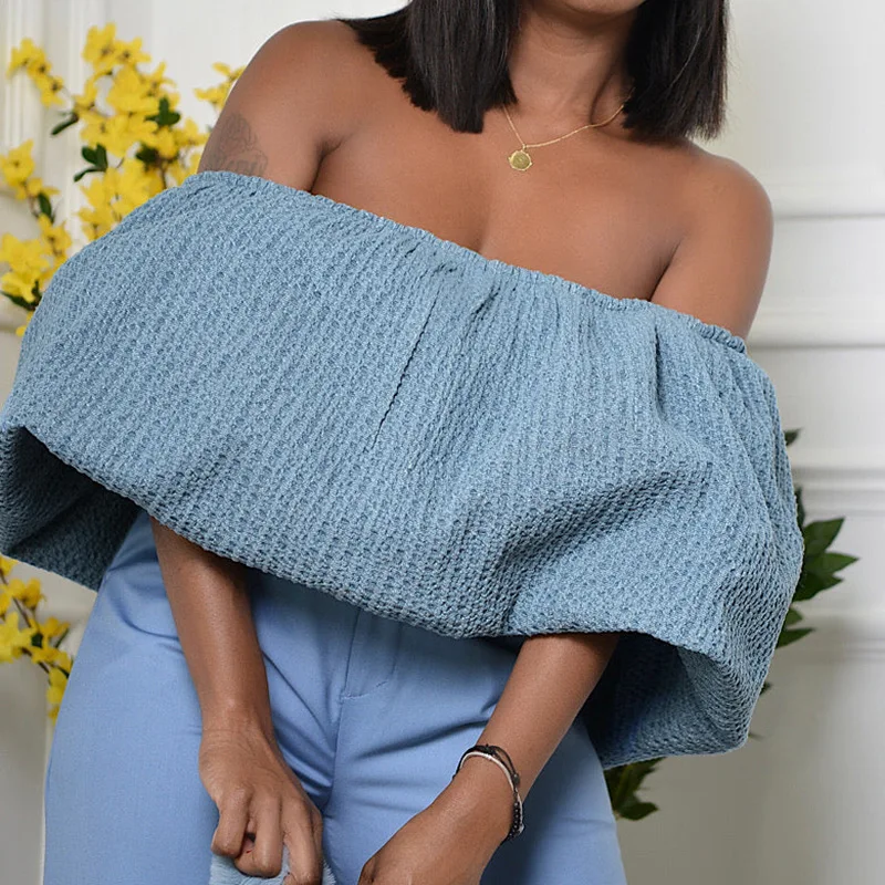 

Women bud strapless tops sexy slash collar off shoulder blue loose pleated cropped tops camisetas high street y2k top autumn top