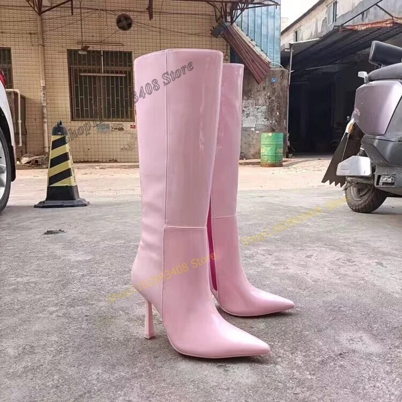 

Женские однотонные сапоги до колена, розовые сапоги из лакированной кожи с острым носком, на высоком каблуке-шпильке, на молнии, сексуальная обувь для женщин, 2023
