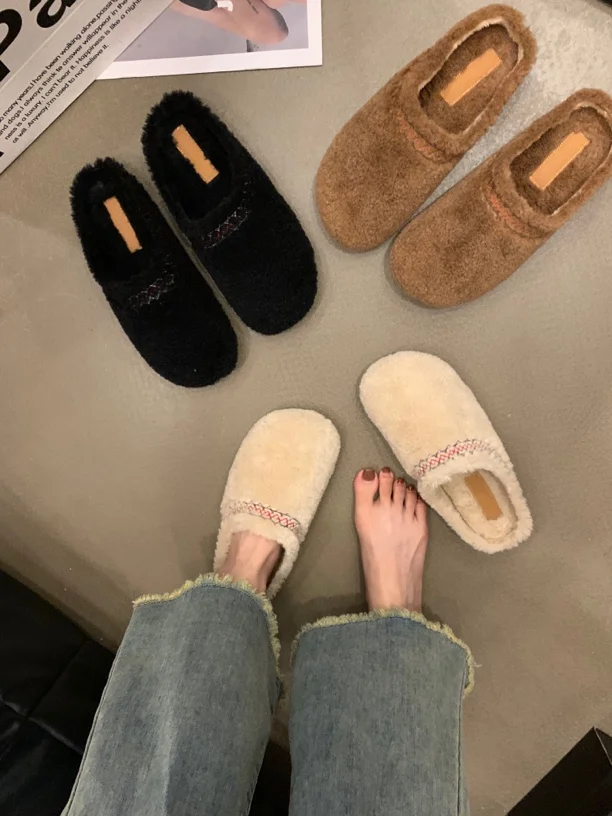 

Женские меховые тапочки, теплые хлопковые тапочки на плоской подошве, с коротким плюшем, брендовая Удобная зимняя обувь