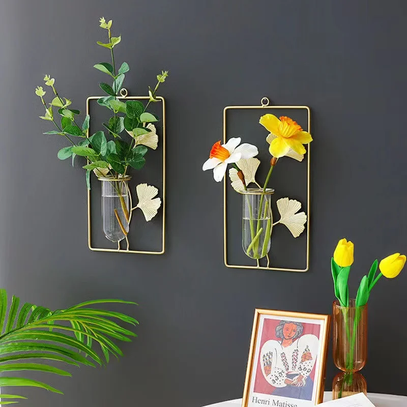 

Wall-Mounted Vase Geometric Hydroponic Glass Vases Ginkgo Biloba with Test Tube Wall Decoration Home Decor Wall Decoration