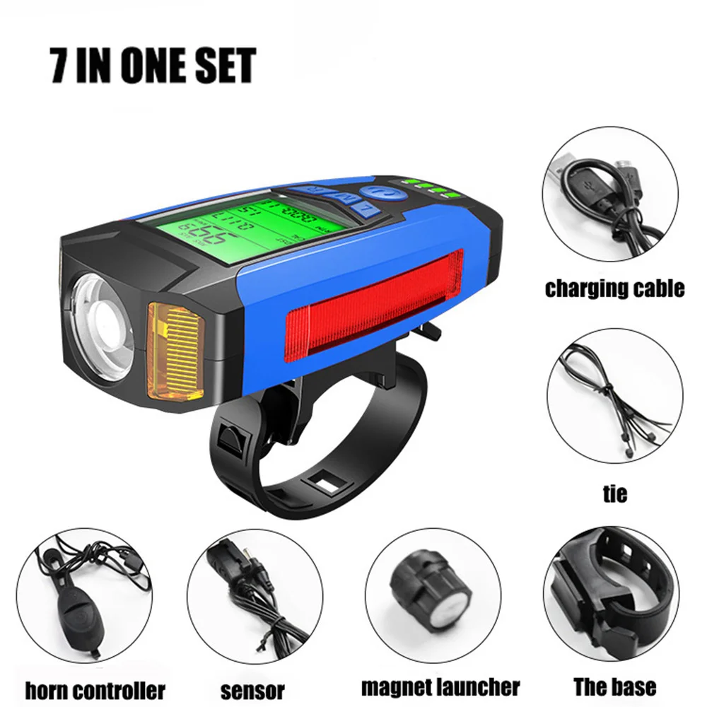 

7 In 1 Bicycle Light with Computer Monitor Accessories Cycling USB Charging Odometer Speedometer Waterproof 5 Speaker LCD
