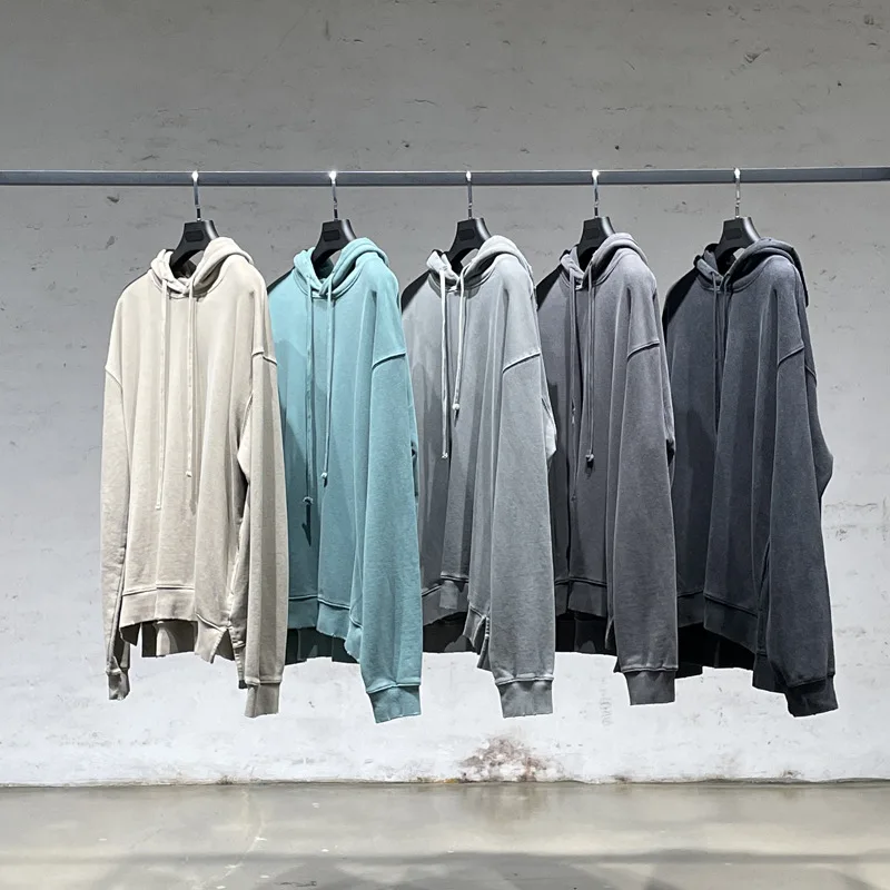 

100% Cotton Solid Color Pullover Heavy Wash Hem Split Hidden Pocket Hoodie Vintage Trendy Sweatshirt Men's Women's Spring Autumn