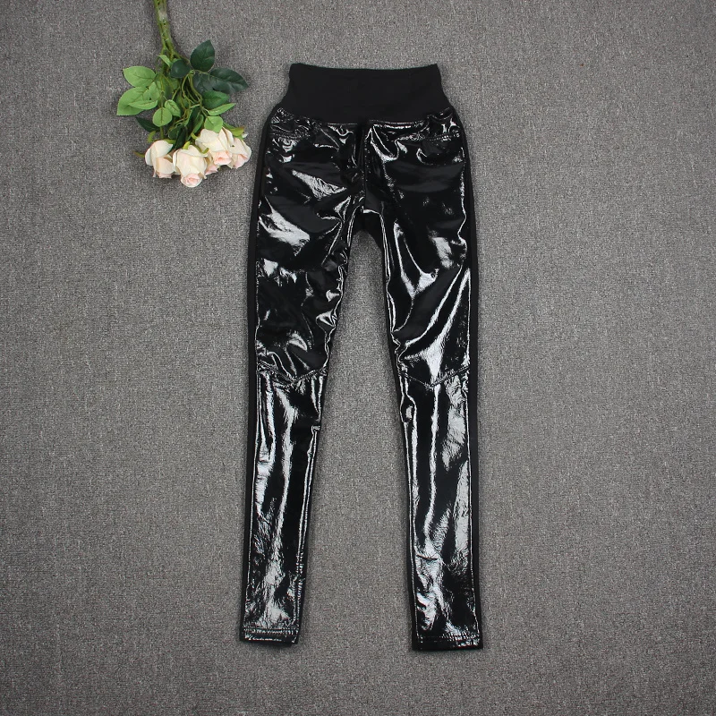 real Elastic waist glossy shiny Sheep leather pencil Pants female fashion brand full length patent Genuine leather pants F1808