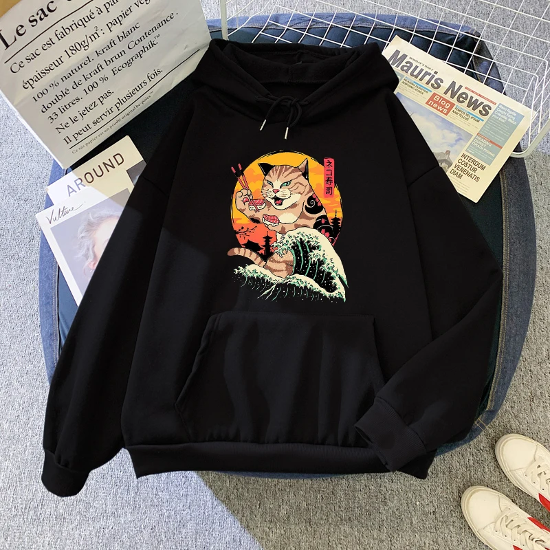 

Толстовка мужская флисовая с капюшоном, повседневный Свободный свитшот с принтом кошек и волн, худи с графическим принтом в японском стиле, ...