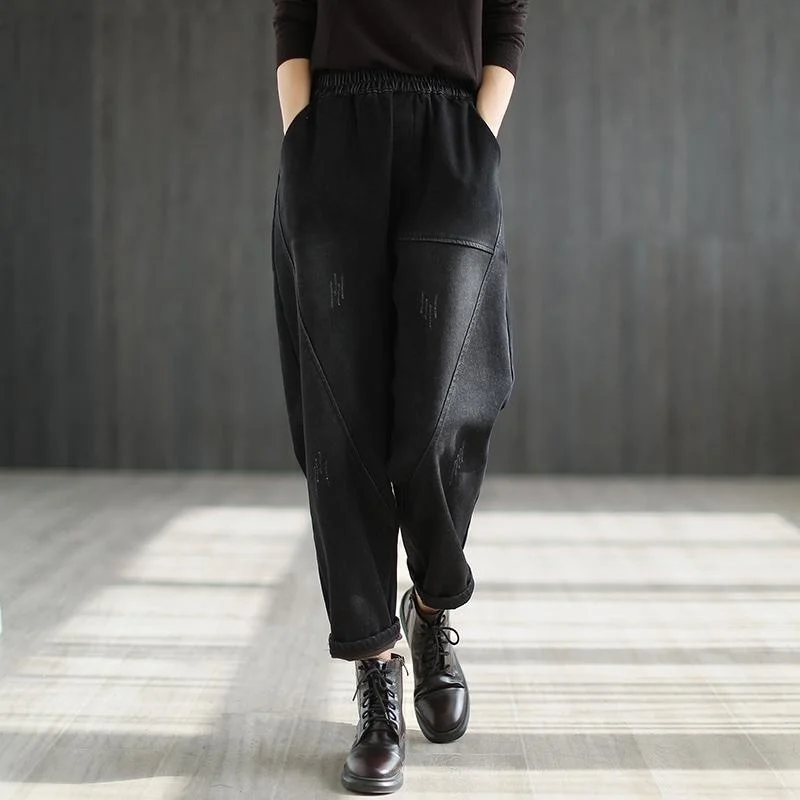 

Осенне-зимние повседневные модные черные джинсы, женские винтажные уличные брюки Harlan, новые бархатные теплые свободные джинсовые брюки