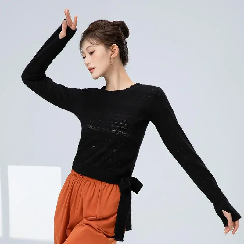 Dance Clothes Women Modern Body Practice Long sleeve Black round Neck Daily Wearable Adult Classical Chinese Ribbon Top