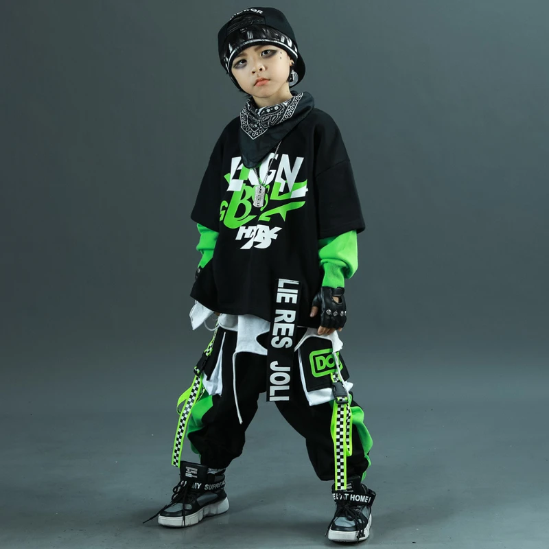 Chłopcy Jesienny Kombinezon Hip Hop Czarny Bluza + Spodnie 2-częściowe Zestawy Nastolatki Dzieci Luźna Odzież Sportowa Stroje 6 8 10 12 14 Y