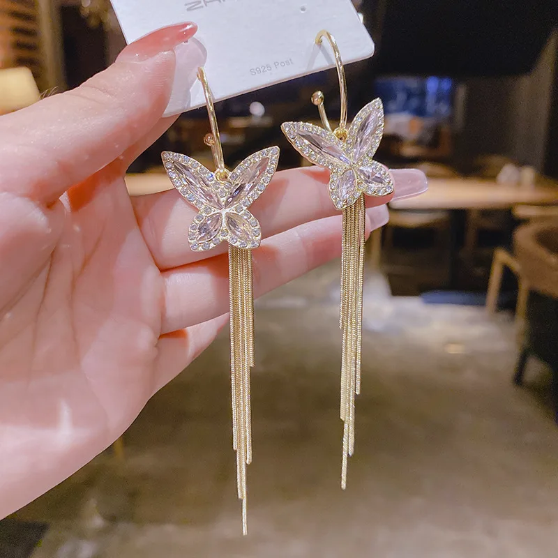 

French Niche Retro Luxury Diamond Butterfly Tassel Earrings For Women Korean Fashion Earring Daily Birthday Party Jewelry Gifts