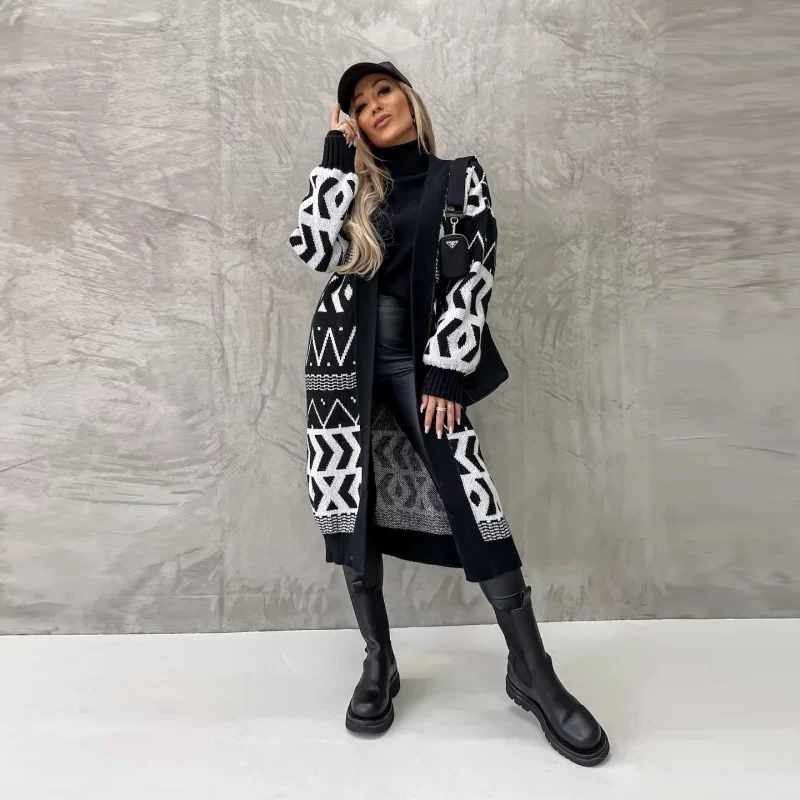 

Женский вязаный кардиган с V-образным вырезом, с геометрическим принтом