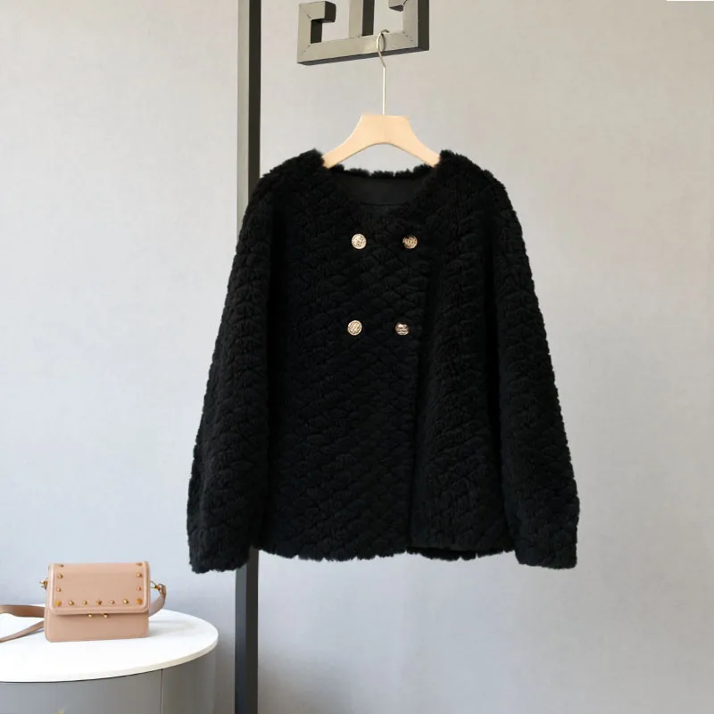 Одежда для женщин OFT2022 новая двубортная овечья стрижка из зерновой флисовой ткани, свободный толстый меховой верхняя одежда из ягнятины, повседневная уличная одежда.