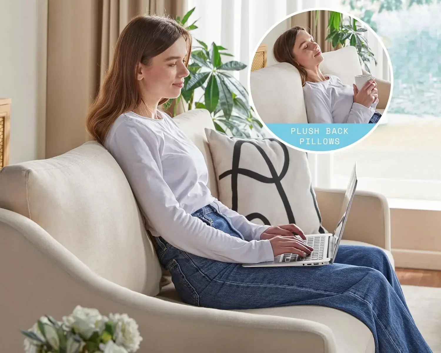 Couch Comfy Sofa with Slope Armrests 2 Piece Set Extra Deep Seat for Living Room Apartment Lounge Beige