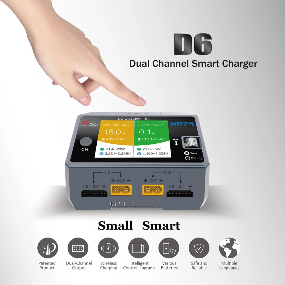 HOTA D6 Dual Smart Charger DC650W 15A Встроенный Micro USB для Lipo LiIon NiMH аккумулятора с iPhone Samsung