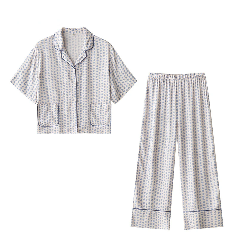 

2022 Women Summer Rayon Satin Pajama Set Short-sleeved Trousers Home Clothes Viscose Polka Dot Two Piece Set Satin Pajamas